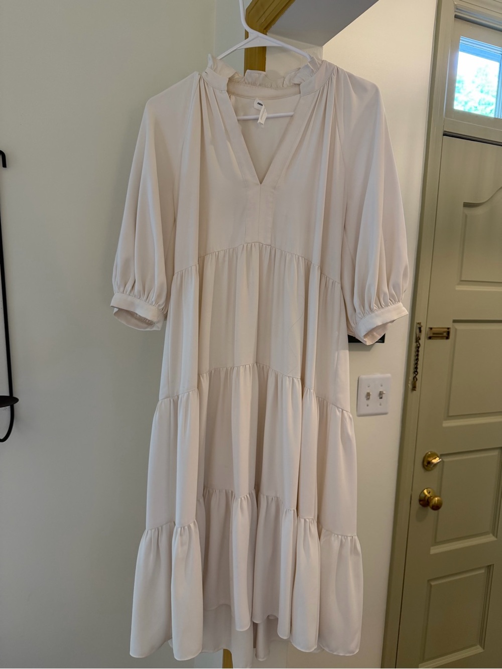 Amanda Uprichard Soft Cream Tiered V-Neck Midi Dress